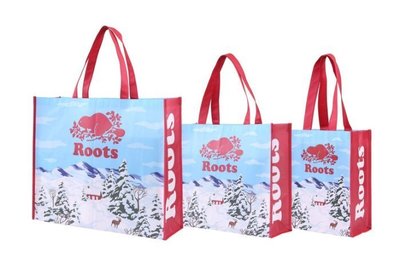 (全新)ROOTS 環保購物袋/環保袋/提袋 紅色海狸 冬季小木屋/白雪/雪山 中大型 專櫃貨 保證專櫃正貨
