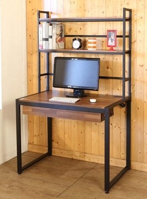 B~LOFT工業風防潑水98公分黑烤漆方框附書架工作桌/附插座/電腦桌