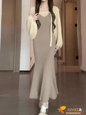 針織吊帶連衣裙女秋季2023新款搭配一整套裝高級感小個子背帶長裙.