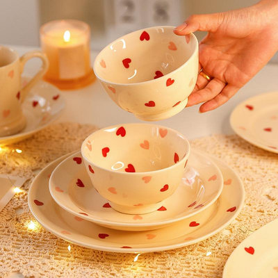 愛心情侶餐具套裝2人碗碟碗筷家用陶瓷高顏值飯碗湯碗盤子