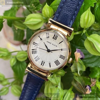 AnneKlein手錶,編號AN00143,26mm金色圓形精鋼錶殼,白色簡約, 羅馬數字錶面,寶藍真皮皮革錶帶款