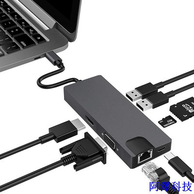 安東科技八合一擴展塢type-c轉HDMI+VAG千兆RJ45+USB3.0HUB分線讀卡集線器
