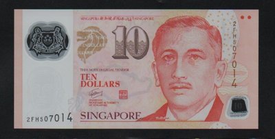 【低價外鈔】新加坡 ND (2008) 年 10Dollars 新幣 塑膠鈔一枚 吳作棟簽名版本 新鈔少見~