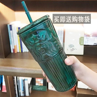現貨星巴克墨綠色女神玻璃吸管杯夏季大容量水杯高顏值杯子550ml