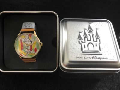 ~尋寶曲~香港帶回迪士尼米奇真皮錶帶手錶(顏料潑漆款)