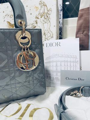 9999 一元起標 Dior 迪奧 專櫃正品 灰色漆皮黛妃包  新款 LADY DIOR 兩用包 手提包