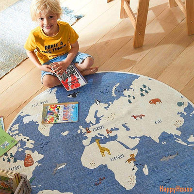 快樂屋HappyHouse【直徑160cm/200cm】新款可愛卡通動物地圖兒童臥室地毯圓形加厚房間床邊毯北歐風可擦