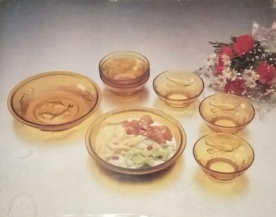 古早味 鯉魚盤+碗組 褐色玻璃盤