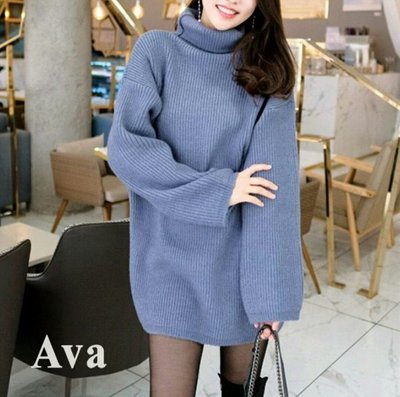 全新轉賣 Ava韓國進口 正韓 藍紫色 高領寬袖彈性洋裝 長版毛衣