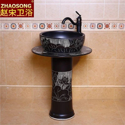 中式落地立柱式一體洗臉盆家用衛生間台盆戶外庭院花園洗手池陶瓷