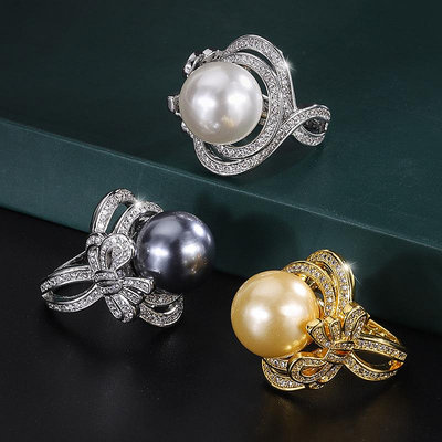 現貨莊生生珠寶新款銅鍍金貝殼珠蝴蝶結幾何型鑲鉆優雅女式戒指14mm珠寶首飾