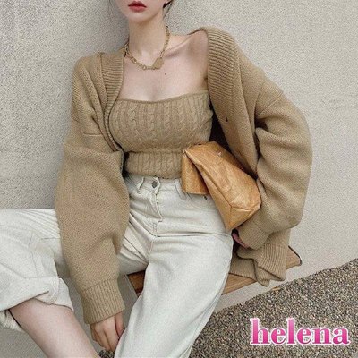 【Helena】時髦感精緻針織外套 麻花針織平口背心 抹胸 兩件式上衣套裝 純色韓版寬鬆針織上衣 上衣女【A2156】