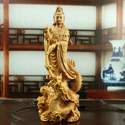 黃楊木雕擺件工藝佛像御龍菩薩收藏木質禮品乘龍如意觀音