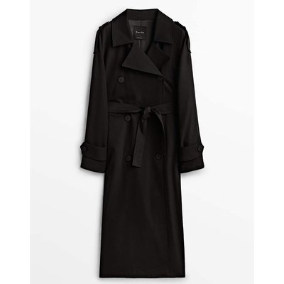 【熱賣精選】西班牙 Massimo Dutti 小眾女裝秋季黑色中長款雙排扣風衣系腰帶顯瘦外套女
