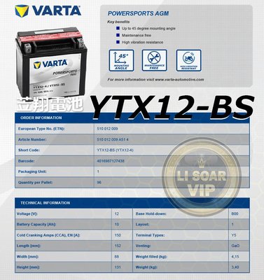 ☼台中苙翔電池►德國 VARTA 機車電池 ( YTX12-BS ) GTX12-BS MG12-BS MBTX12U
