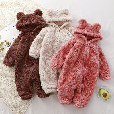 66-120碼 嬰兒連身服冬季新生兒保暖爬服寶寶毛絨外穿罩衣兒童睡衣小熊哈衣