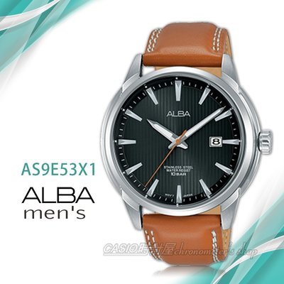 CASIO時計屋 ALBA 雅柏手錶 AS9E53X1 石英男錶 皮革錶帶 黑 防水100米 日期顯示 全新品 保固一年