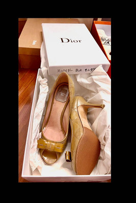 Dior 37 經典 黛妃 裸包/駝色 白褡 蝴蝶結氣質高跟鞋 菱格紋