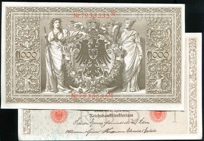 GERMANY(德國紙幣），P44b，1000-MARK，1910，品相95AU+ 紅軌