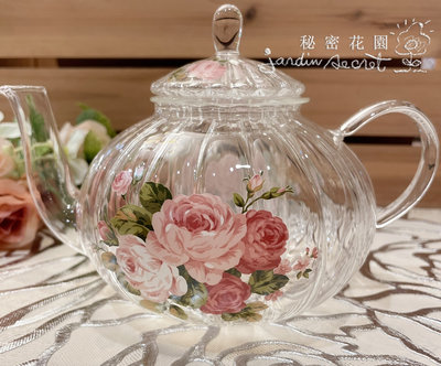 茶壺--日本製耐熱玻璃粉紅玫瑰茶壺500ml/下午茶組--秘密花園