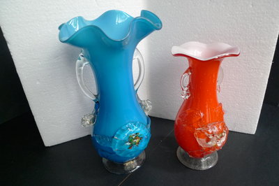 台灣橘紅、藍色玻璃老花瓶