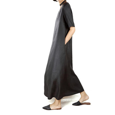杭州高檔重磅真絲黑色洋裝女2024夏季新款香雲紗極簡氣質素色長裙ins（滿599免運）
