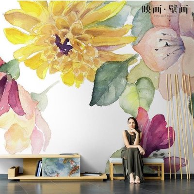 熱銷 電視背景墻北歐手繪油畫花卉向日葵郁金香客廳電視背景墻紙無縫沙發壁紙壁畫