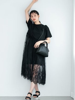 ++特價++新品入荷 很有設計師的味道  黑色棉質異材質拼接蕾絲長版洋裝(黑)(M)