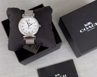 COACH Madison 水鑽圈 白色面錶盤 銀色不鏽鋼編織網眼錶帶 石英 女士手錶 14502651