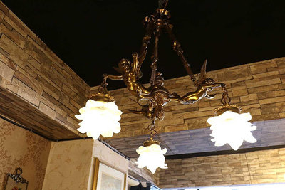 法國古董天使黃銅雕吊燈『原始手工玻璃燈罩』『實心黃銅雕塑』#624014