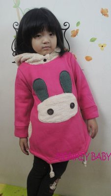 全館滿699免運【MONKEY BABY 】韓版兔子圖案刷毛保暖連帽長版上衣/女童連帽T