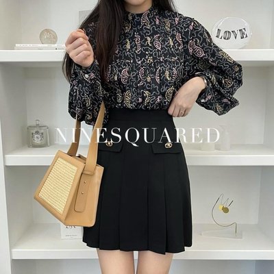 Ninesquared 韓國東大門品牌質感黑色金扣高腰膝上裙