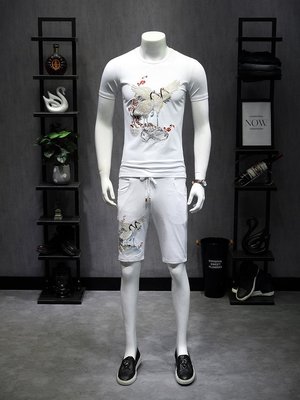 夏季品牌T恤運動服套裝2020新年新款男士萊卡棉仙新鶴刺繡短袖短褲套裝 F3019 18500dn