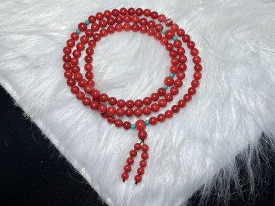 早期收藏收藏級大料佛家七寶有機寶石深紅紅珊瑚108顆念珠7.5-8mm搭配綠松石隔珠