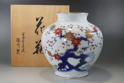 【日本古漾】111502日本皇室御用 深川製磁 有田燒 岩梅花瓶