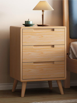 床頭櫃 全實木三抽床頭柜現代簡約橡木原木收納柜北歐臥室儲物柜斗柜整裝