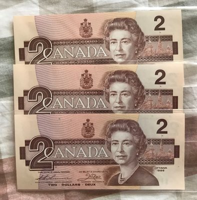 全新加拿大 紙幣 2元連號3枚(豹子號222)  哀悼伊莉莎白女皇辭世(1926-2022)