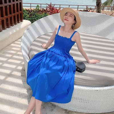 下殺-KA7672~法式復古藍色吊帶連衣裙新款夏季女裝茶歇長裙子冷淡風流行女裝連身裙洋裝休閒服