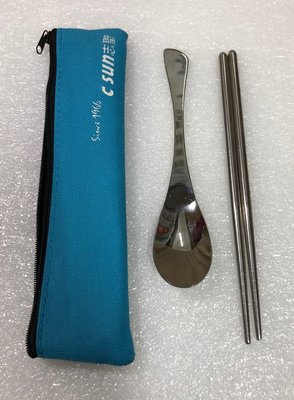 股東會紀念品 淡藍色 不鏽鋼 餐具組 筷子 湯匙 #11