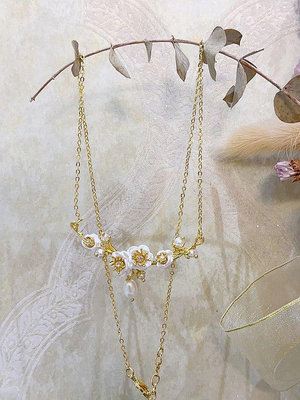 【企鵝北美代購】法國Les Nereides永恒玫瑰系列 白玫瑰花朵與珍珠金葉子項鏈