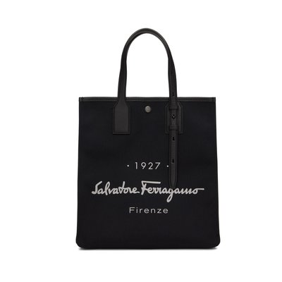 [全新真品代購-S/S22 新品!] Salvatore Ferragamo LOGO 黑色帆布 托特包 / 手提包