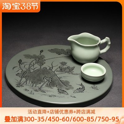 特賣-歙硯茶末綠天然原石茶盤家用小型干泡茶臺新中式功夫茶具石頭茶盤