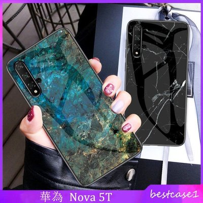 華為 Nova 5T 大理石圖案 Nova5T 手機殼 硬殼 鋼化玻璃殼 全包邊 保護殼-好物優選