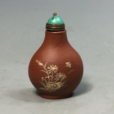【采芝齋】早期收藏 清代 紫砂竹飾花卉 鼻煙壺