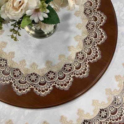 亞馬遜圓形布藝美式蕾絲餐桌墊復古歐式圓形白色餐廳桌布