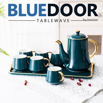 BlueD_ 藍綠色 金邊水壺 咖啡壺 茶壺組 杯盤組 咖啡托盤 茶盤 咖啡杯 杯具組 下午茶組 孔雀藍 奢華設計網美風