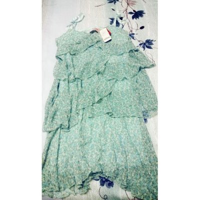 全新 cumar s號 藍綠色綁帶無袖細肩帶碎花洋裝 含吊牌 刺繡綁帶 舞會洋裝