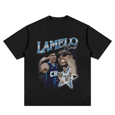 LaMelo Ball黃蜂三球鮑爾印花美式高街頭籃球運動黑色純棉短袖T恤