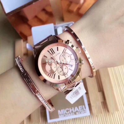 MICHAEL KORS MK5778 玫瑰金羅馬三眼計時不鏽鋼錶帶-手錶手環三件套組