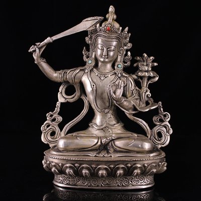 特賣-西藏收老純銅純手工打造純銅鎏銀文書菩薩一尊品相完好   重1020克  高20厘米  寬15厘米16